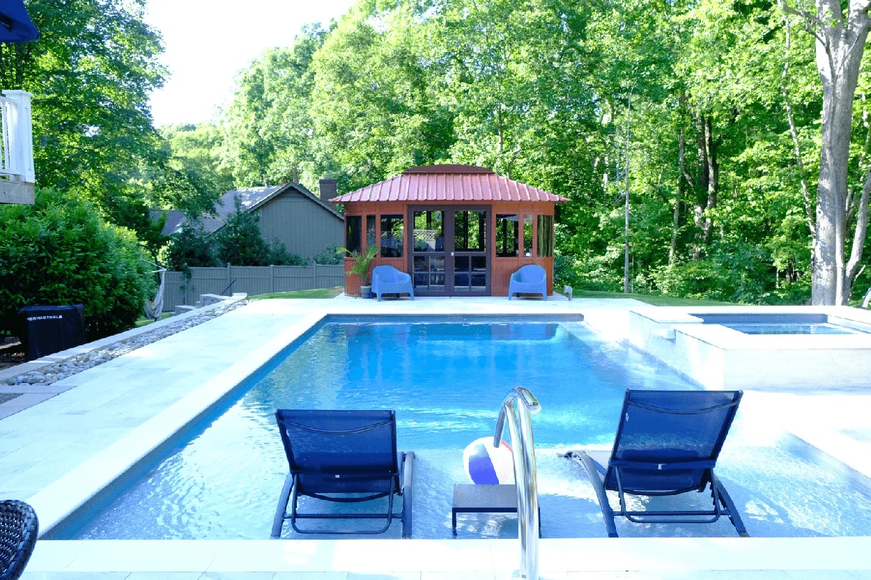 Clean fiberglass pool with clear water