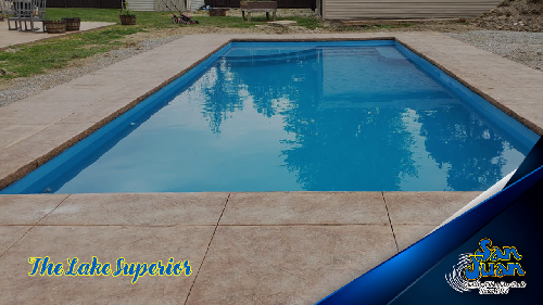 Lake Superior Pool with blue water and a concrete patio